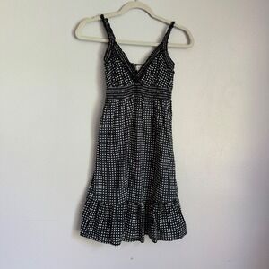 Y2K Babydoll Polka Dot Cotton Dress Black White Smocked Ruffle Medium